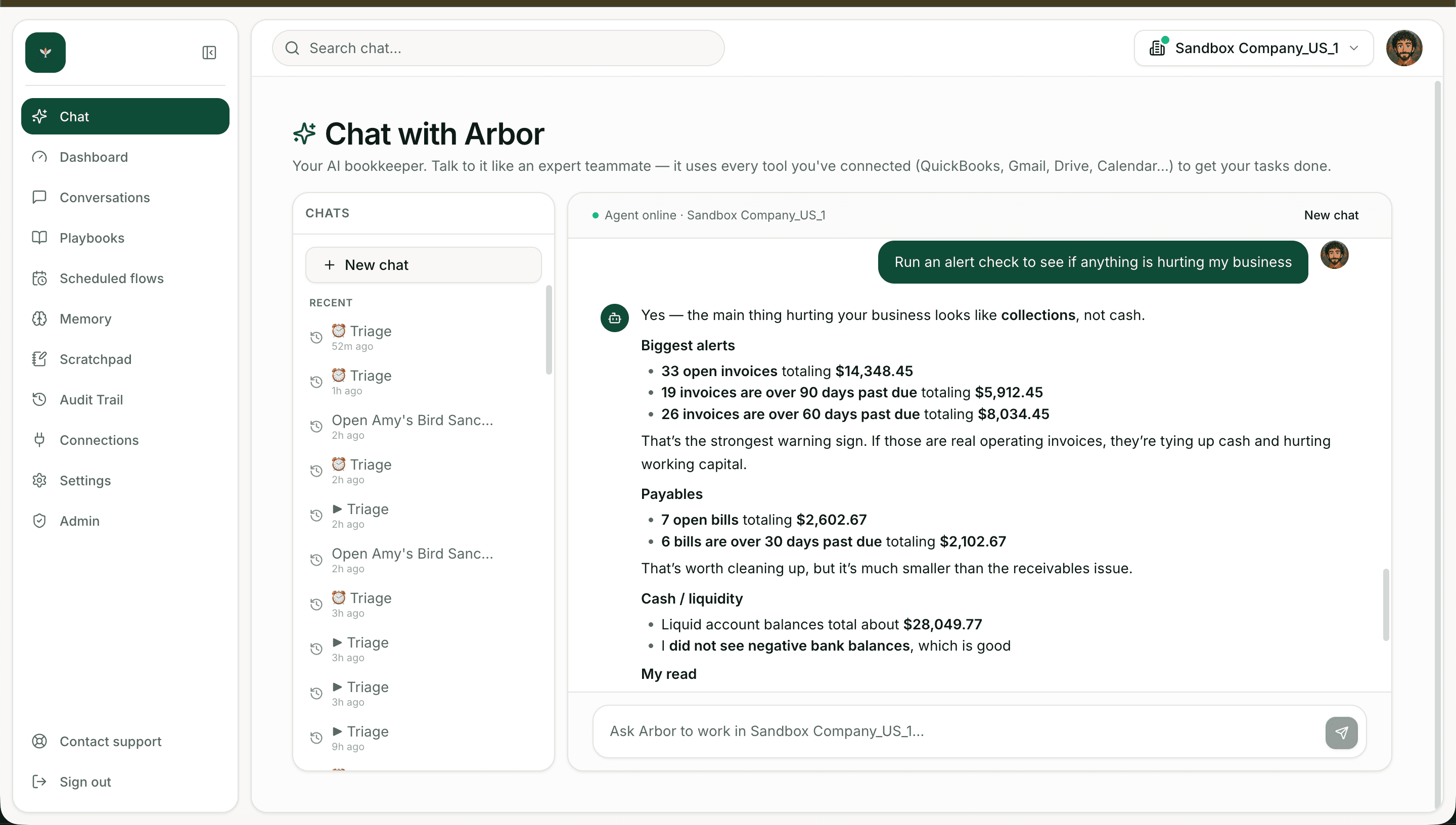 Arbor answering 'Run an alert check' with categorized receivables, payables, and liquidity analysis
