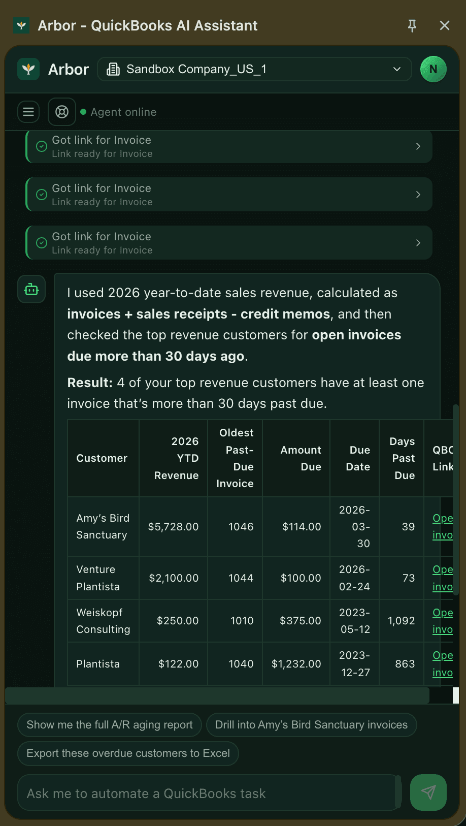 Arbor Chrome side panel answering an A/R aging question with a real table of overdue customers and suggested follow-ups