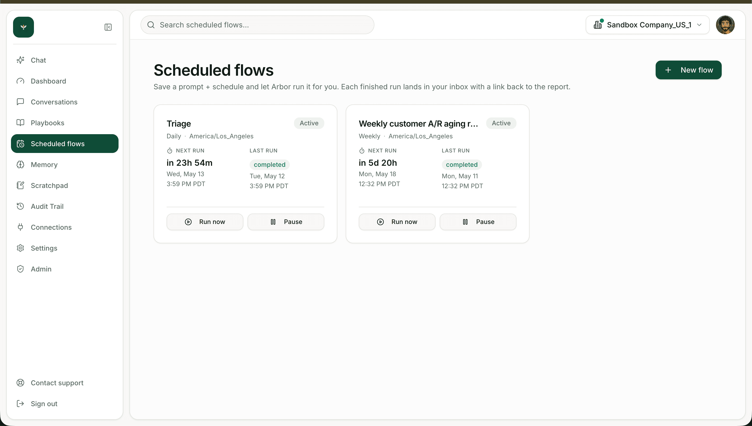 Scheduled flows: Triage running daily, Weekly customer A/R aging report — both active with next-run timers