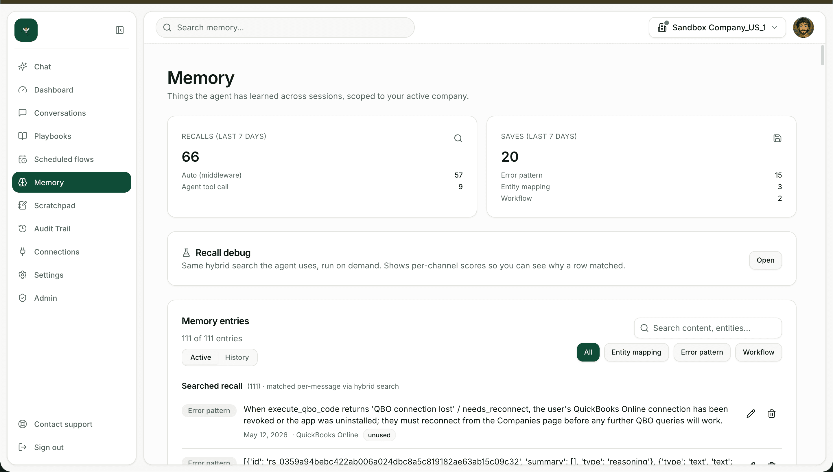 111 memory entries, 66 recalls and 20 saves last week, ranked by hybrid search