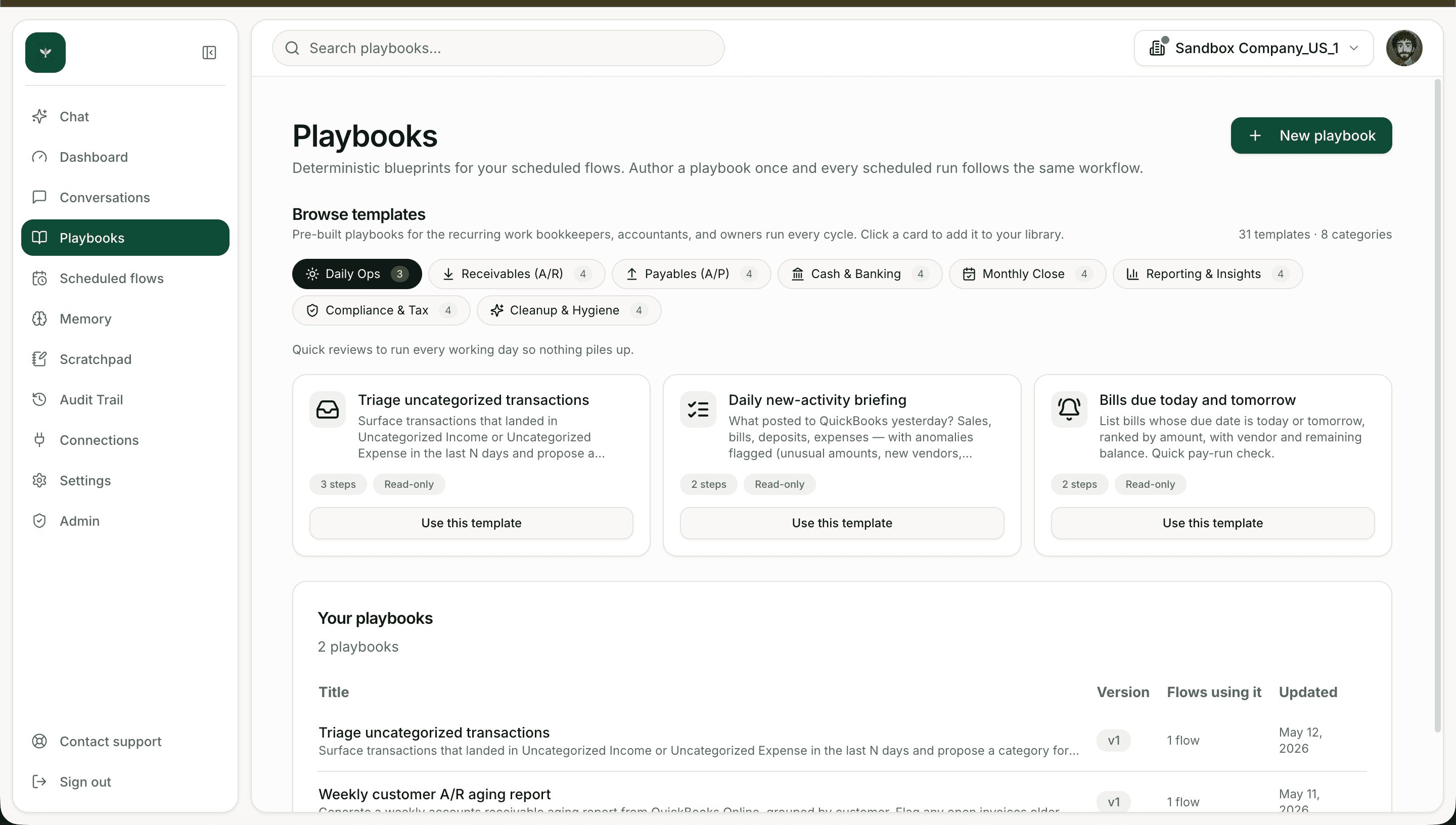 Playbooks library: 31 templates across 6 categories, with versioned firm-owned playbooks below